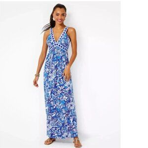 NWT Lilly Pulitzer Serena Maxi Dress Blue Tang “Flocking Fabulous” - Size 10